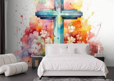 Waterco Easter Crosses white background  illustration, Generative Ai Wall mural