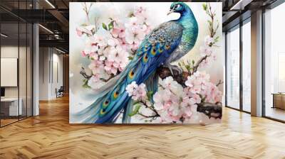 Watercolor peacock white background Clipart, Generative Ai Wall mural