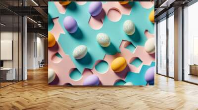 Fondo huevos de pascua aesthetic, huevos de chocolate decoración infantil, juego esconder huevos dulces, repostería de lujo inspiración moderna creado con IA generativa Wall mural