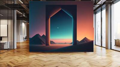 Fondo Sci-fi retro futurista, arco en el desierto, arco aesthetic, vaporwave, creado con IA generativa Wall mural