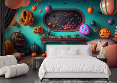 Habitación de halloween para niños, fiesta temática halloween globos de calaveras y dulces, creado con IA generativa Wall mural