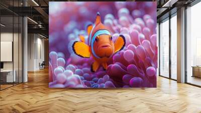 A nemo clownfish is swimming in a sea anemone next to coral reef Wall mural