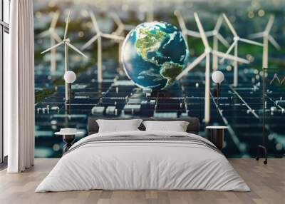 Concept of environment protection 3d render model of earth with wind turbines and solar panels on neutral background Wall mural