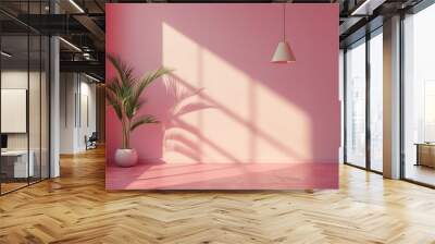 Minimalistic light pink interior with tropical potted plant and a hanging ceiling lamp with copyspace wall and window sunlight Wall mural