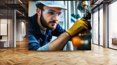 Young man HVAC engineer doing repairs or installation workds close up meachnical industry photo indoors with mechanisms and protective clothes men at work concept Wall mural