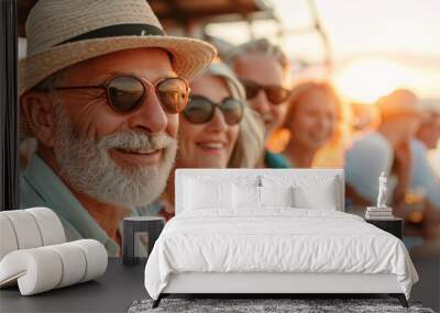 Cheerful senior man in hat and sunglasses looking at camera with friends on background Wall mural