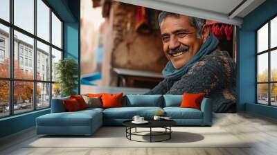 Indian man sitting in a coffee shop in Jaipur, India Wall mural