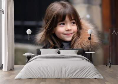 Portrait of a beautiful little girl with long hair in the city Wall mural