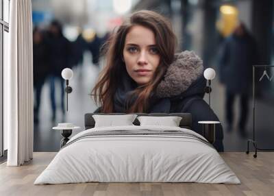 Portrait of a beautiful young woman in a winter coat in the city Wall mural