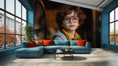 Portrait of a cute little boy with glasses looking at the camera Wall mural