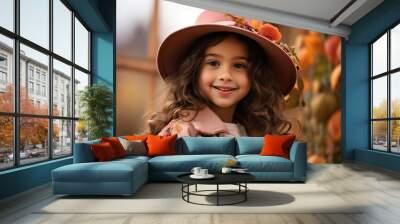 Portrait of a cute little girl in a hat with autumn leaves Wall mural