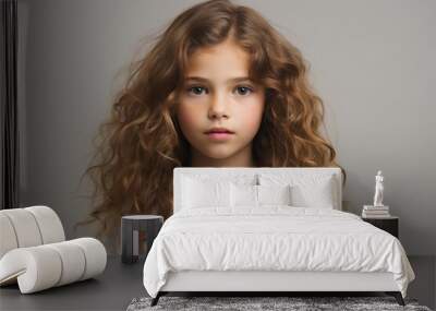 Portrait of a cute little girl with long curly hair over grey background Wall mural