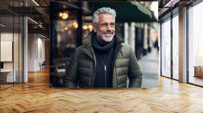 Portrait of a handsome mature man with grey hair and beard in a warm jacket on a city street. Wall mural