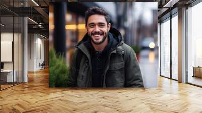 Portrait of a handsome young man smiling at the camera while standing outdoors Wall mural