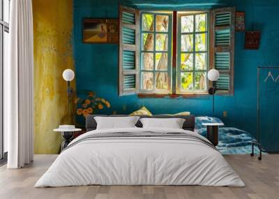 Vintage bedroom in morocco style with blue wall and window Wall mural