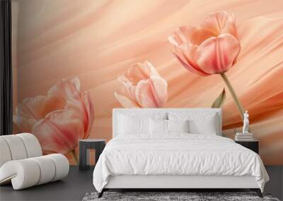 A closeup view of three pretty pink tulips set against a soft peach background Wall mural