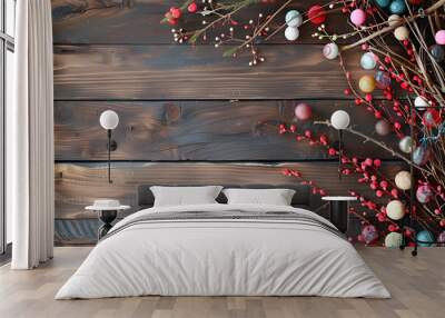 A rustic holiday scene featuring festive branches with red berries and colorful ornaments, set against a weathered wooden background, evoking a cozy and nostalgic Christmas spirit, copy space. Wall mural