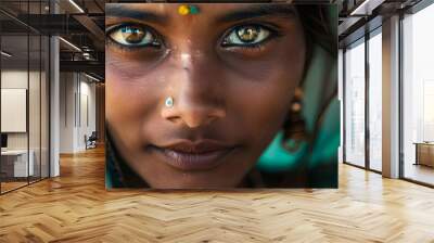 Close-Up of Indian Girl with Traditional Eye Makeup, Portrait of Cultural Beauty, Ethnic Diversity Concept, Ideal for Social Awareness Campaigns, Cultural Exhibitions Wall mural