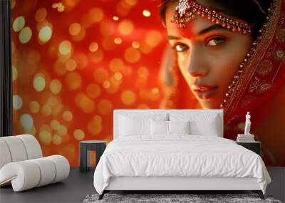 Portrait of a woman in a traditional Indian wedding dress against a background of bokeh lights. Ritual style.Indian New Year, wedding concept. Banner for design, greeting card with copy space for text Wall mural