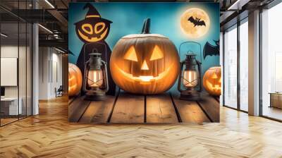 Spooky Halloween Decorations featuring JackoLanterns along with decorative Lanterns Wall mural