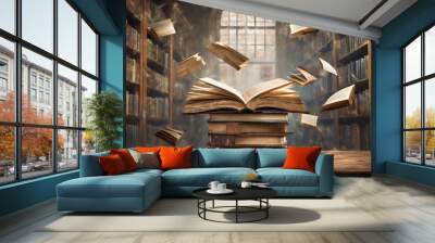 A stack of old books and flying book pages against the background of the shelves in the library Wall mural