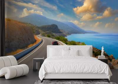 Car driving on the road of Europe. Road landscape in summer. Highway view on the coast on the way to summer vacation Wall mural