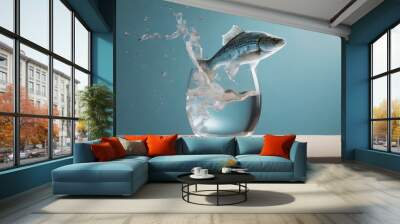 Fish jumping out of glass of water. Creative minimal concept Wall mural