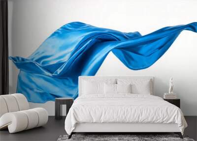 Flying blue silk fabric. Waving satin cloth isolated on white background; fashion and beauty Wall mural