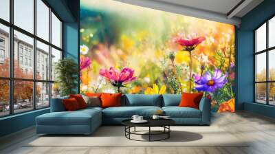 Meadow flowers in early sunny fresh morning. Vintage autumn landscape background. colorful beautiful fall flowers magical
 Wall mural