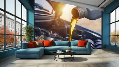 Refueling and pouring oil quality into the engine motor car Transmission and Maintenance Gear .Energy fuel concept Wall mural