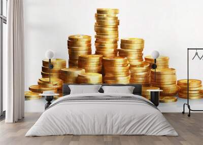 Set of stacked gold blank metal coins, realistic money, cash, treasure heap Wall mural