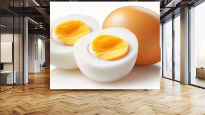 Sliced soft boiled eggs on white background Wall mural