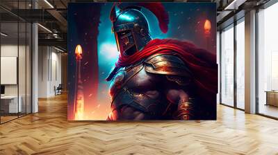 Spartan warrior wearing a helmet on glowing dark background, digital illustration. Wall mural