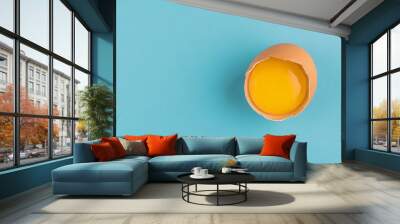 Top overhead above photo of cracked egg isolated on blue color background with empty blank copy space for design Wall mural