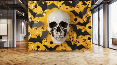 Top view snapshot of a human skull surrounded by black paper bats and confetti on yellow isolated background, perfect for text or advertising incorporation Wall mural