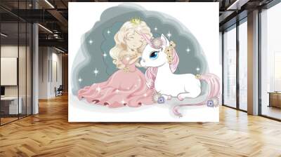 princess and white unicorn in flower Wall mural