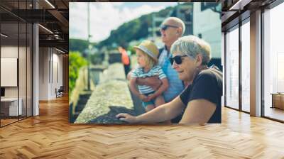 Grandparents and toddler by a wall Wall mural