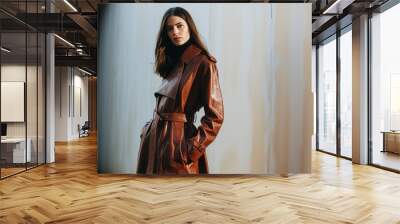 Beautiful woman in autumn coat. A stylish brown leather outerwear fashion portrait captures the essence of modern apparel perfectly Wall mural