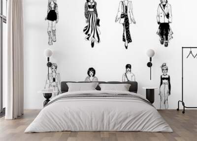 collection of stylish young women dressed in trendy clothes. vector fashion black and white illustra Wall mural