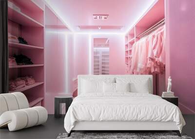 luxury fashionable doll like interior. Dressing room in pink colors. Wardrobe-room. Wall mural