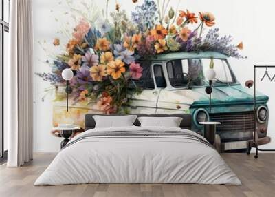 Retro car decorated with flower on white background, watercolor style. Generative Ai Wall mural