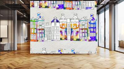 Seamless pattern eith watercolor Amsterdam houses Wall mural