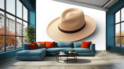 Straw fedora hat isolated. Summer hat with ribbon. Wall mural