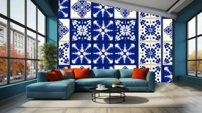 Vector tile pattern, Lisbon floral mosaic, Mediterranean seamless navy blue ornament Wall mural