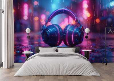 3D music headphone in cyberpunk futuristic background.generative ai Wall mural