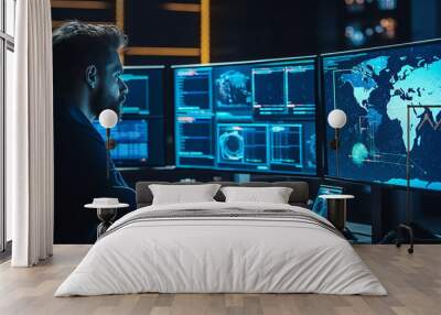 A cybersecurity professional working on multiple monitors displaying various . generative ai Wall mural