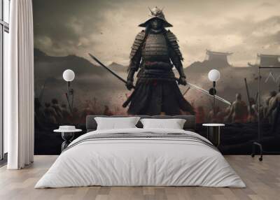 A samurai with a katana stands ready to fight against a huge army,generative ai Wall mural