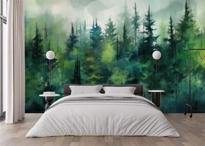 abstract watercolor dark forest green art painted background Wall mural