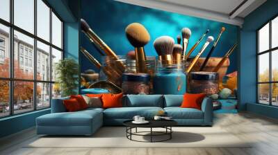 Beautiful cosmetics and makeup brushes on color background,generative ai Wall mural