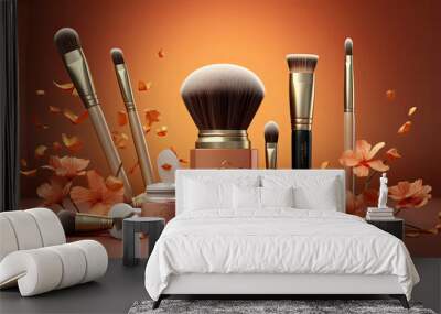 Beautiful cosmetics and makeup brushes on color background generative ai Wall mural